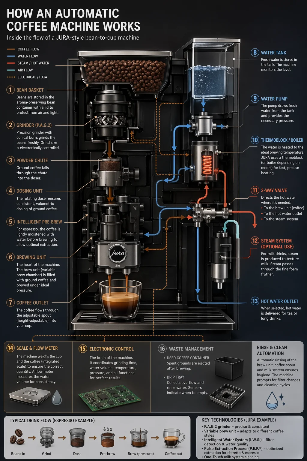 Beschriftete Infografik einer Kaffeevollautomaten-Funktionsweise