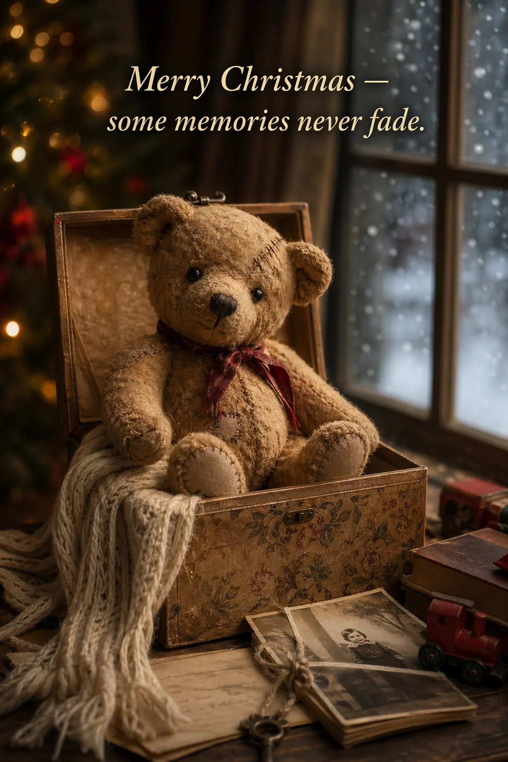 Weihnachtskarten-Konzept mit Teddybär am frostigen Fenster